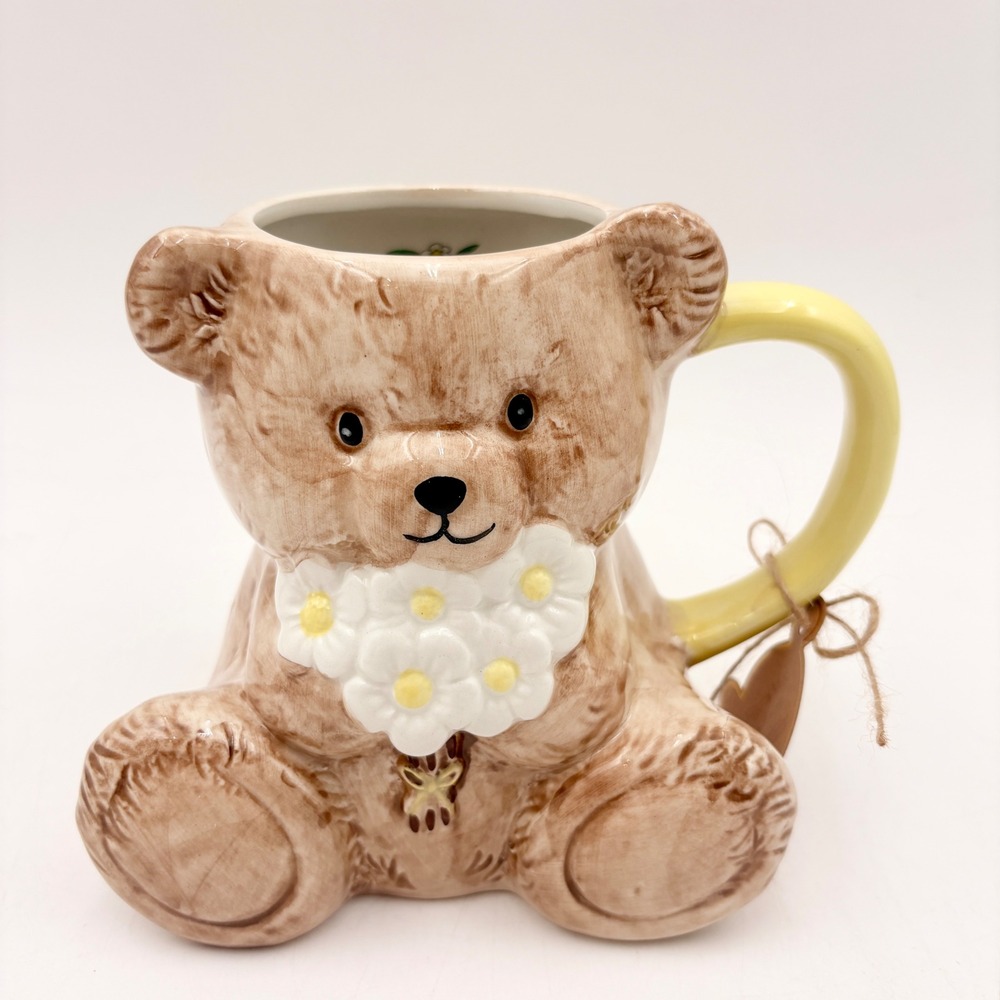 Simple & Sweet Teddy Bear Figural Mug 30oz Brown Ceramic Daisy Flower Oversized
